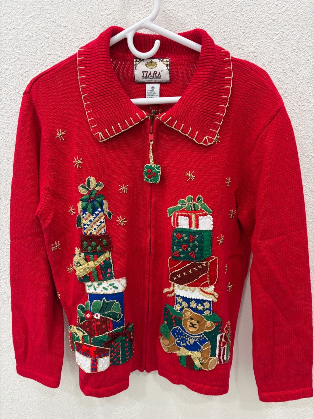 Vintage Tiara Red Embroidered Ugly Holiday Christmas Sweater